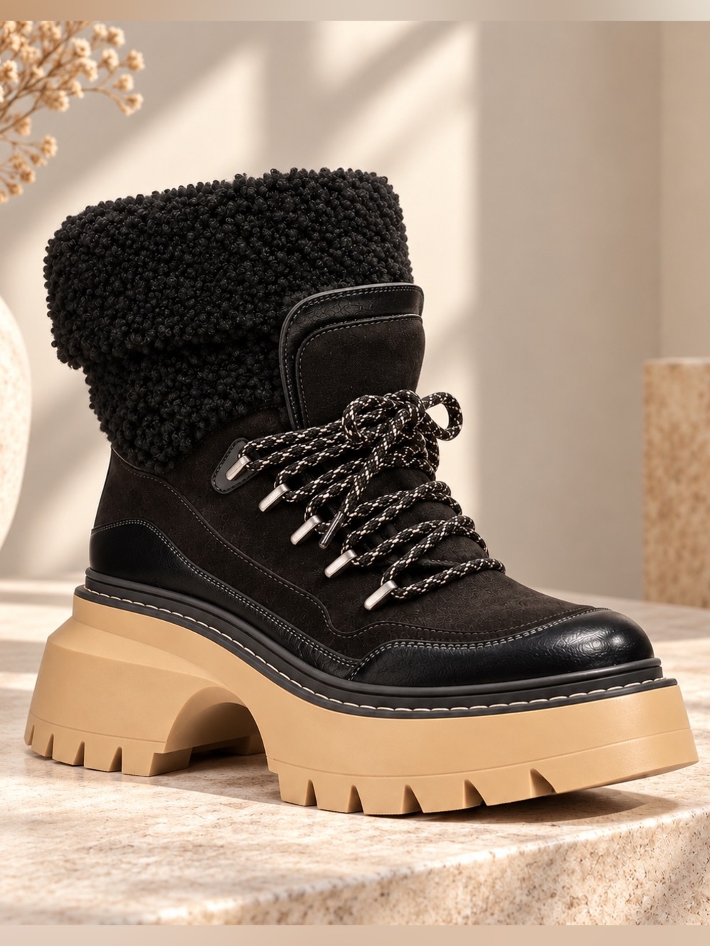 NEW Michael Kors Shiloh Mixed-Media Platform Boots – Black – Size 8M